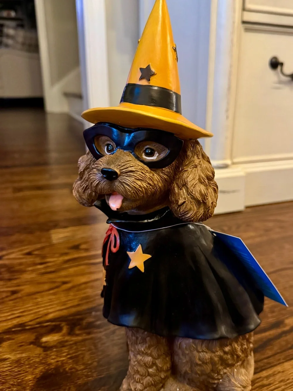 Halloween Spaniel Dog Figurine With Black Cape And Yellow Witch Hat